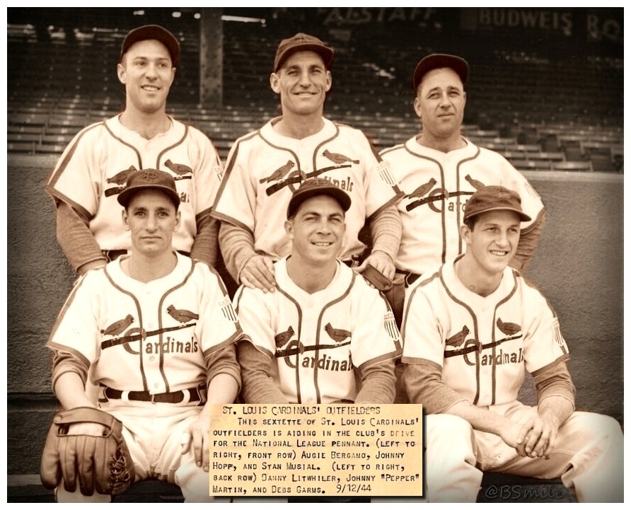 BSmile's tweet image. Today In 1944: Stan Musial &amp;amp; the pennant bound St. Louis @Cardinals outfielders pose for a photo #STLCards @UniWatch