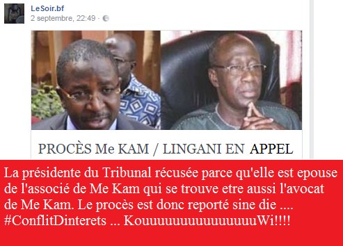lacausedufaso's tweet photo. #Burkina #Kam VS #Lingani la Juge recusée parce que epouse de l'ami, associé et avocat de de #meKam #ProcèsReportée https://t.co/Yxr5YfXnya