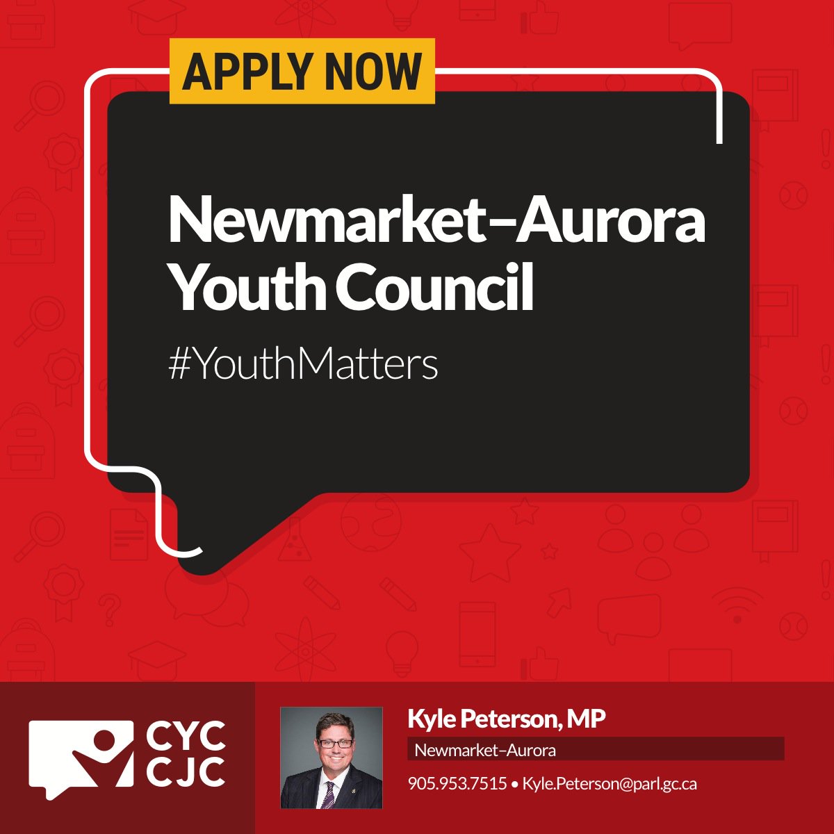 kylejpeterson's tweet photo. Join the #Newmarket #Aurora Youth Council this Fall! Apply by Sept.30th #youthmatters  https://t.co/nBkJQ31LBJ https://t.co/ELOoXTs2xO