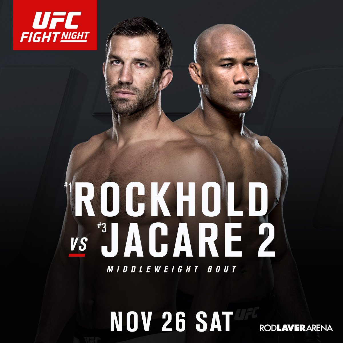 ufc's tweet photo. ICYMI: Run it back! @LukeRockhold vs @JacareMMA 2 | #UFCMelbourne main event | Sat. Nov. 26 on @FS1! https://t.co/JIa7UsTwdp