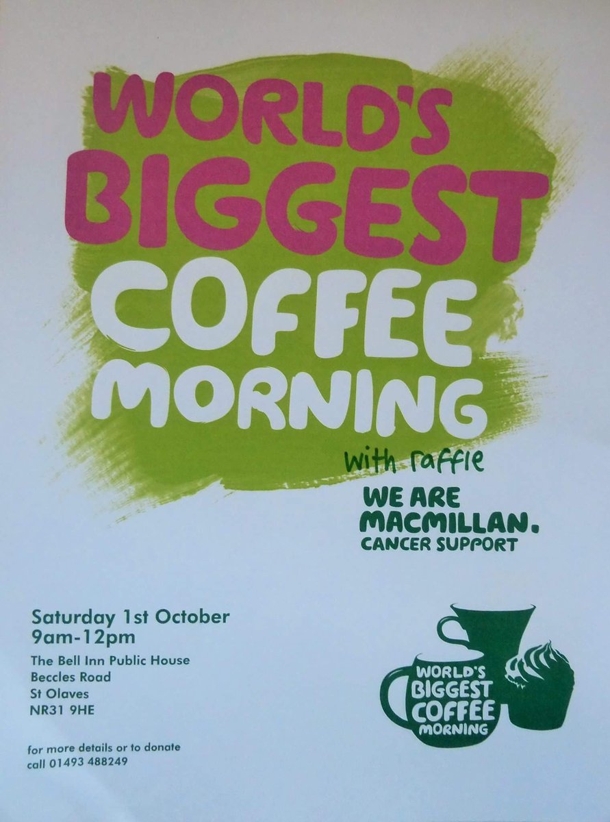 Biggest coffee morning to support @macmillancoffee at The Bell St Olaves, big raffle prizes please share &amp; support☕️
