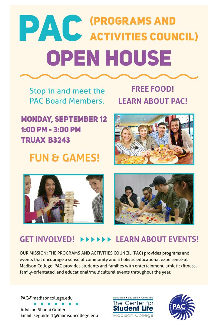 PAC_StudentLife's tweet image. OPEN HOUSE today from 1pm-3pm. Room B3243, Truax Campus
Come in an enjoy free food and games.