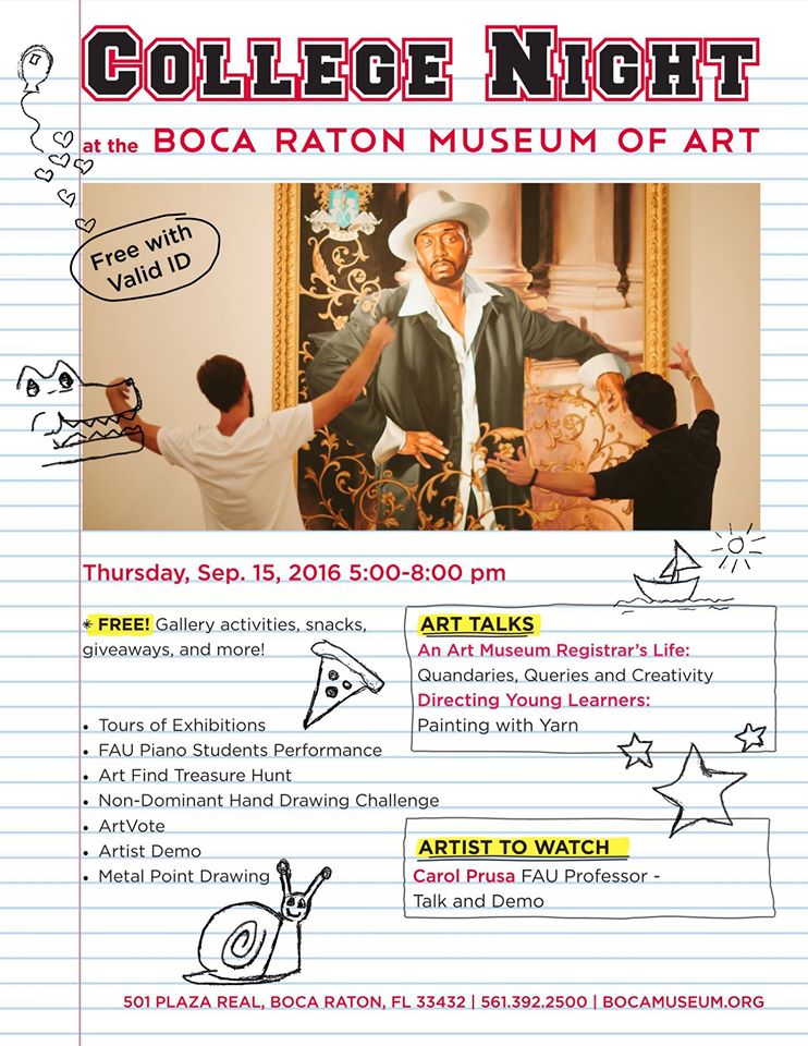 bocamuseum's tweet photo. College Night is this Thurs. from 5-8pm - free for students! Check out the galleries + talks from arts pros + food! https://t.co/8kICQTBoMZ