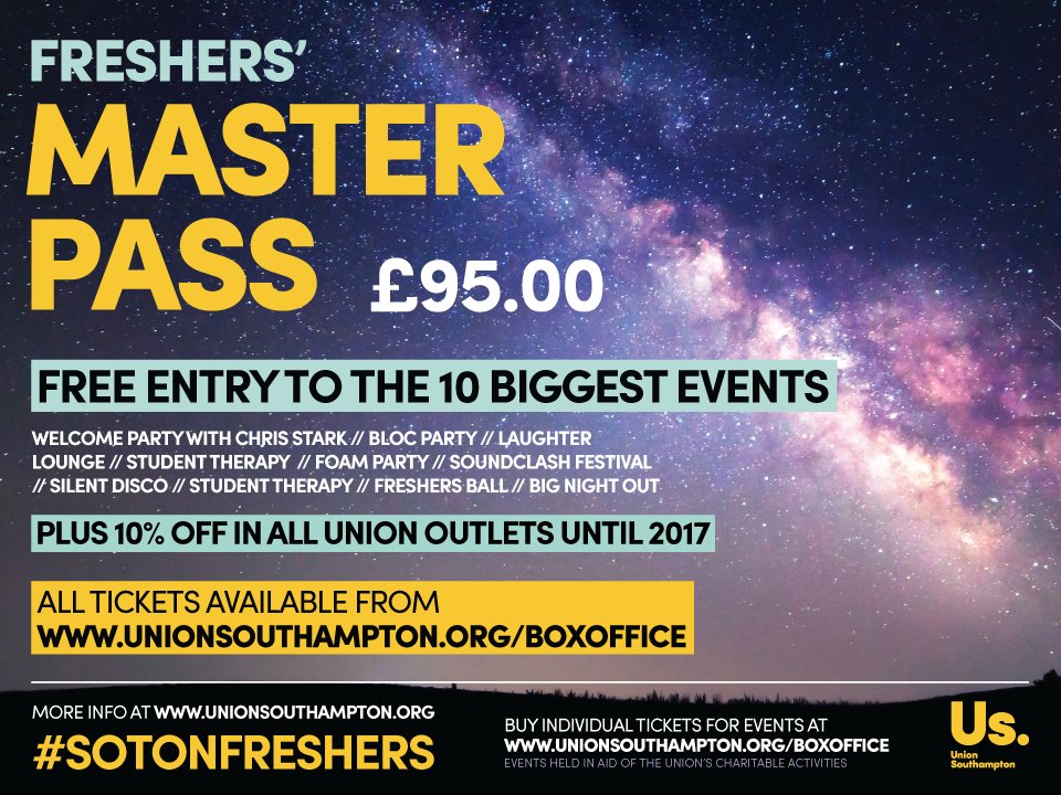 Union_Soton's tweet photo. Why wait at the end of the queue? Be in the fast lane this Freshers' with our Master Pass: https://t.co/2yYA7V1lxw https://t.co/7k9p5FbaF5