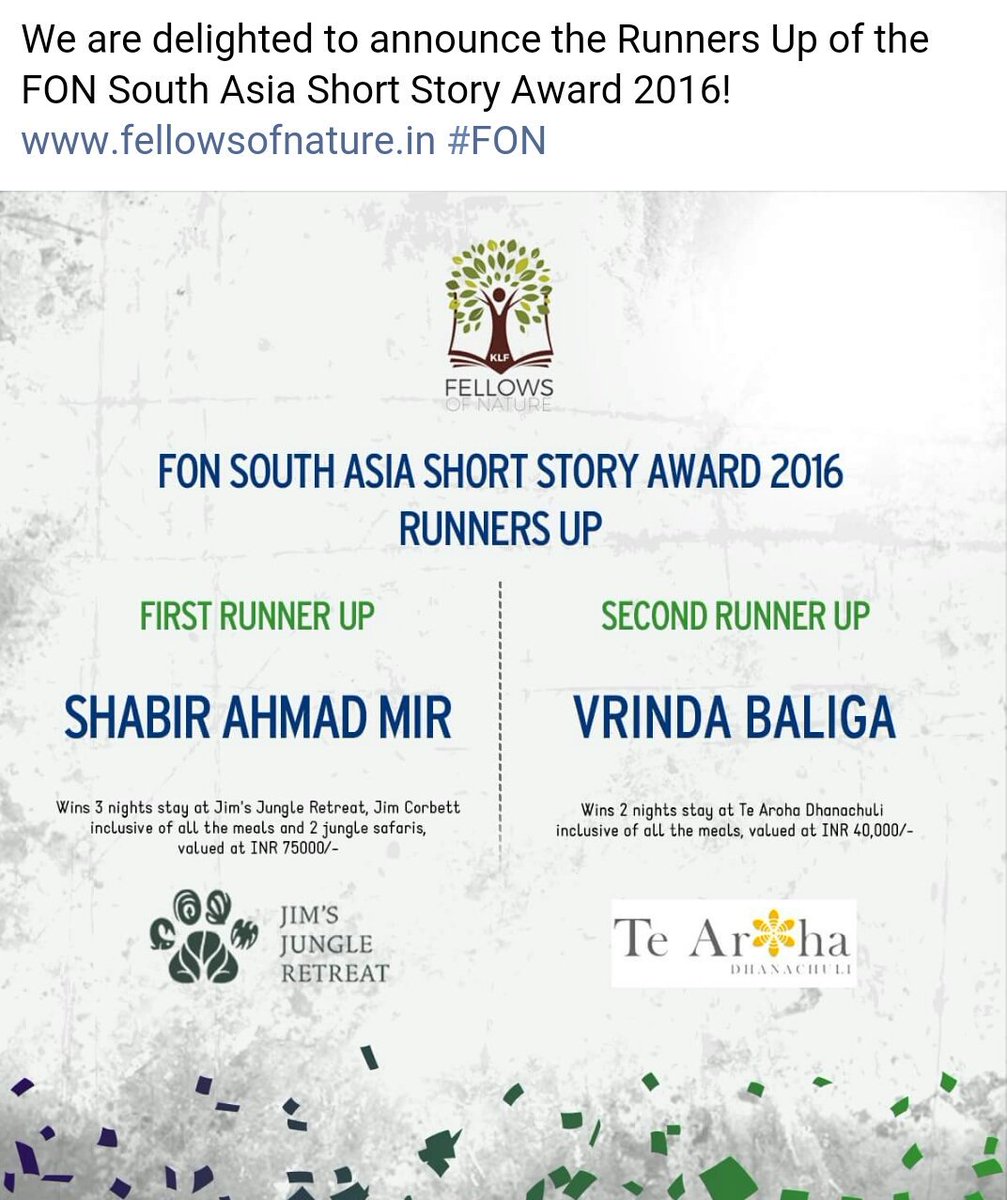 siddharthagigoo's tweet photo. Shabir A Mir (Kashmir) 1st runner up &amp; Vrinda B (Hyderabad) 2nd runner up. @FellowsOfNature S Asia short story award https://t.co/P9xiaIYyri