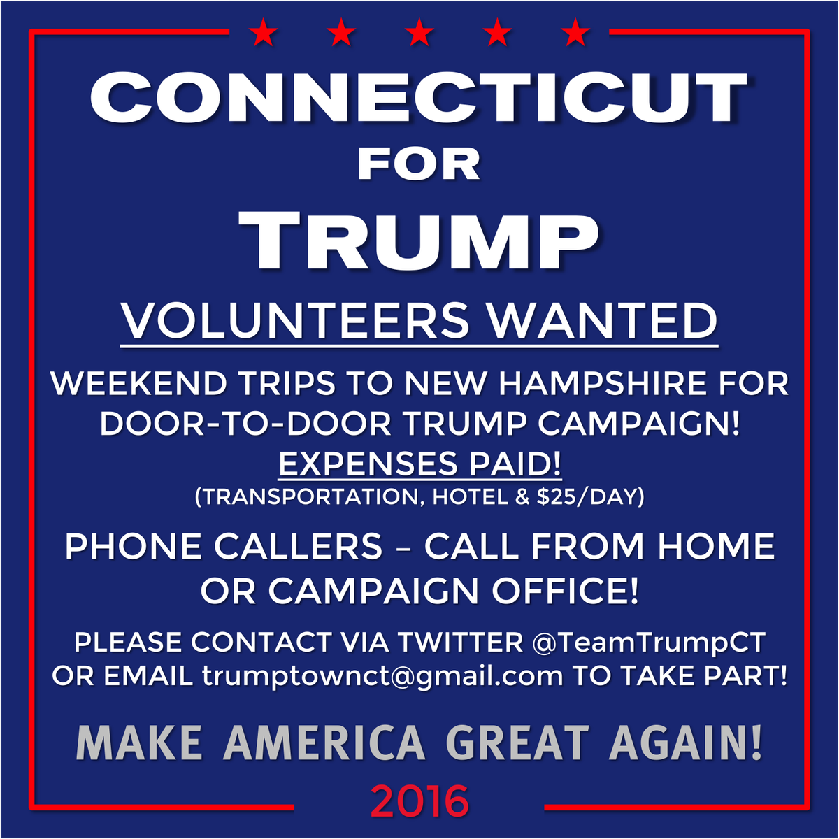 TeamTrumpCT's tweet photo. NEED GROUND HELP FOR TRUMP CAMPAIGN! Trip to New Hampshire THIS weekend. Sept 16th, 17 & 18th.
See below. Please RT! https://t.co/WzByXJZzDu