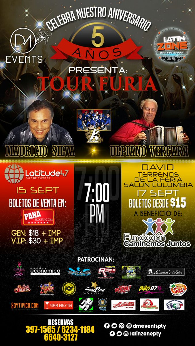 Celebrando el aniversario de <a href="/dmeventspty/">DM Events</a> llega el #TourFuria con <a href="/MauricioSilvah/">MAURICIO SILVA</a>, @GrupoLaKshamba y <a href="/UlpianoV/">Ulpiano Vergara</a>