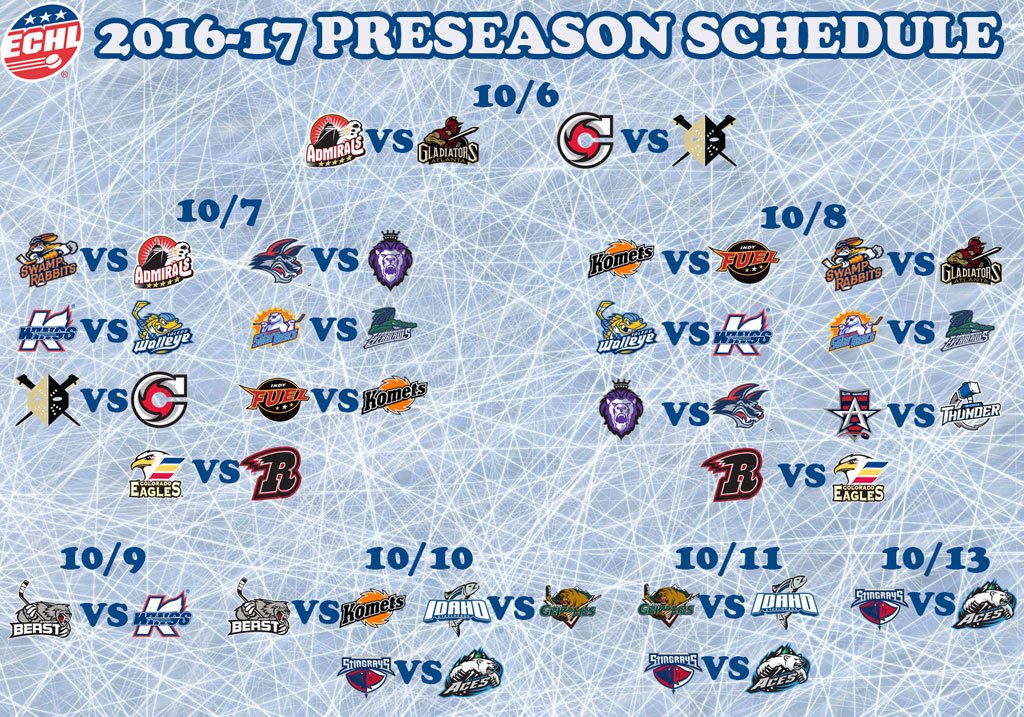 ECHL's tweet photo. Hockey is getting closer. Here is the #ECHL Preseason Schedule - https://t.co/uuPtXQTYCM https://t.co/CrWYZBMYzB