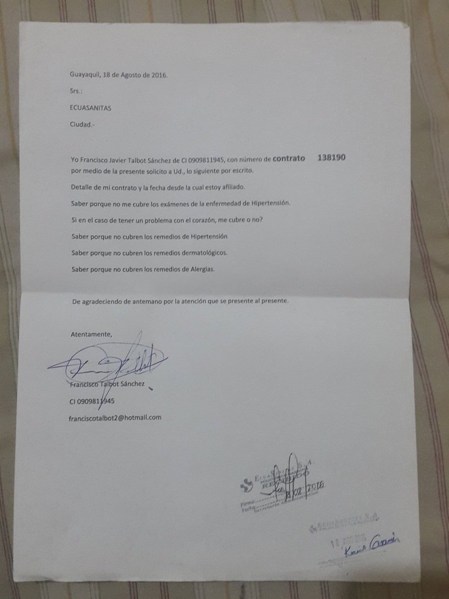talbot_franc's tweet photo. @Ecuasanitas estimados me comunique por interno y me dijeron que pida por escrito y lo hice con fecha 18 de agosto https://t.co/rObhdkfKDD