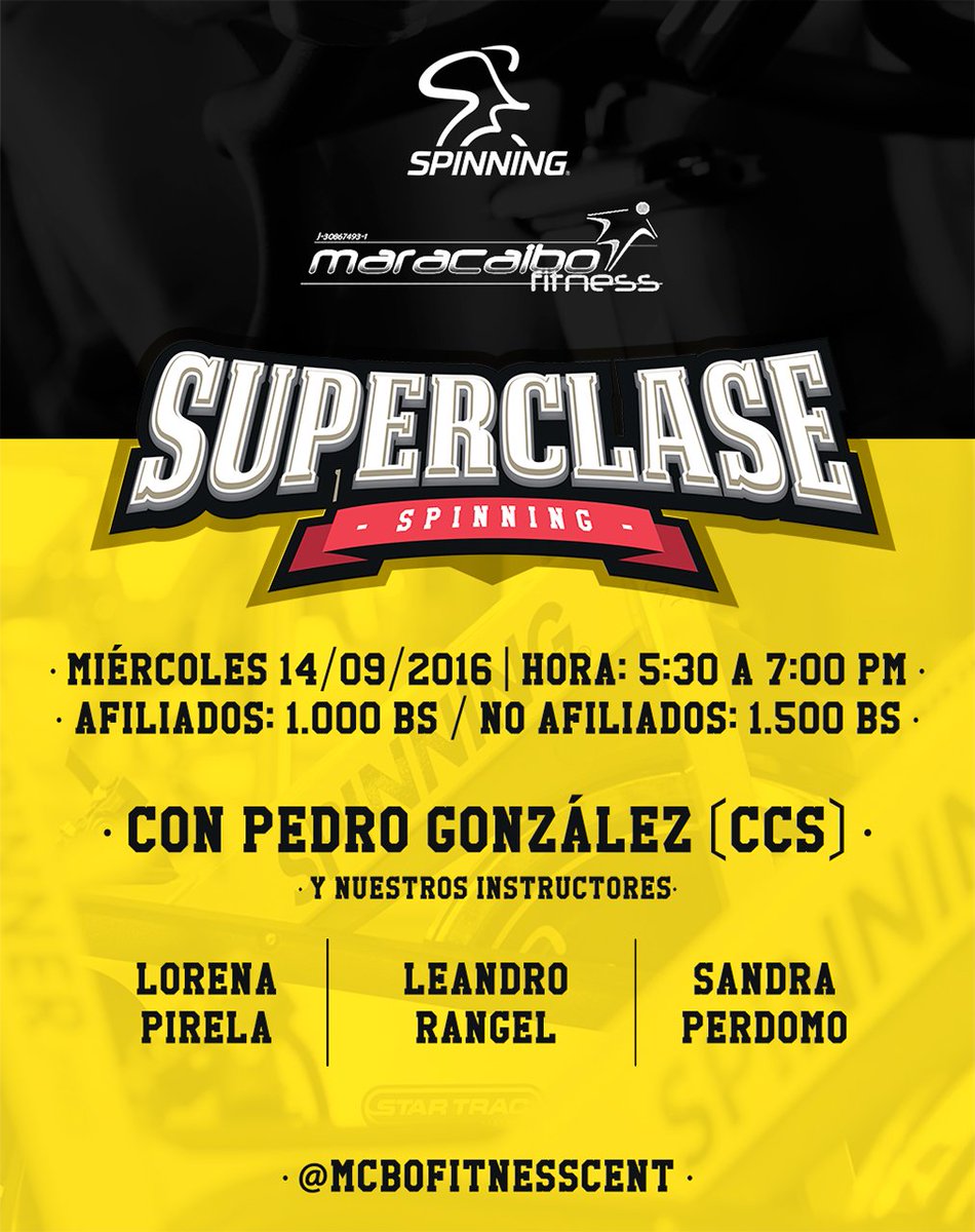MCBOFITNESSCENT's tweet photo. 📣 #Miercoles 14/09 #SUPERCLASE de #spinning con #PedroGonzalez desde #Caracas junto a nuestros instructores! https://t.co/7U3y5gM9ec