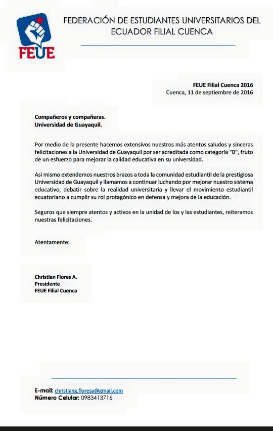 Feue_Guayaquil's tweet photo. FEUE de Universidad de Cuenca felicita acreditación de la UG.  
#UGACREDITÓ
#RUMBOALA_A
#FEUEHISTORICA. https://t.co/oFc80YT18i