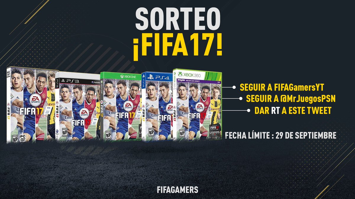 FIFAGamersYT's tweet photo. 😎😎 ¡SORTEO DE FIFA 17! 😎😎
1. RT este tweet.
2. Síguenos en @FIFAGamersYT
3. Sigue a @MrJuegosPSN 
¡Mucha suerte! https://t.co/VkEE9vE1jo