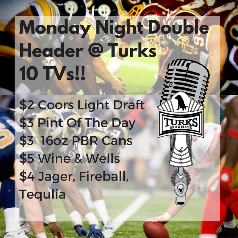 TSnowmass's tweet photo. #MondayNightFootball @ TURKS !!!!!!   See You There #AspenSnowmass #Snowmass #OffSeason https://t.co/oTi5BcGZqs