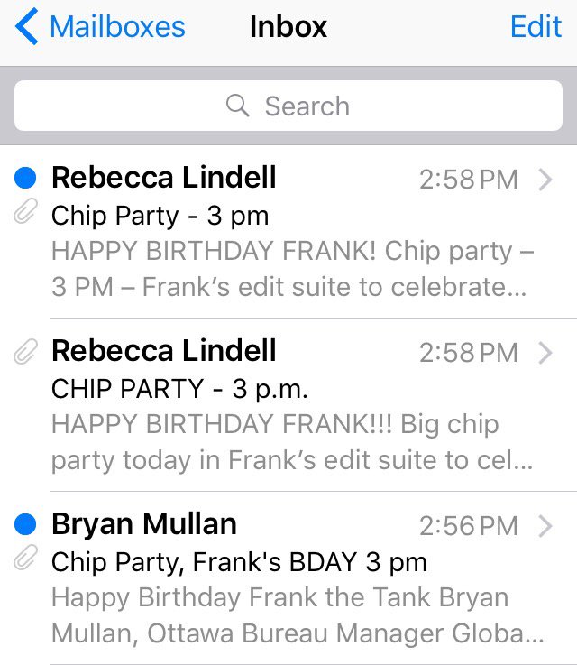 mikelecouteur's tweet photo. We take our bday/chip parties VERY seriously in our bureau @GlobalNational #cdnpoli #multipleemails https://t.co/F7L6kP3hWK