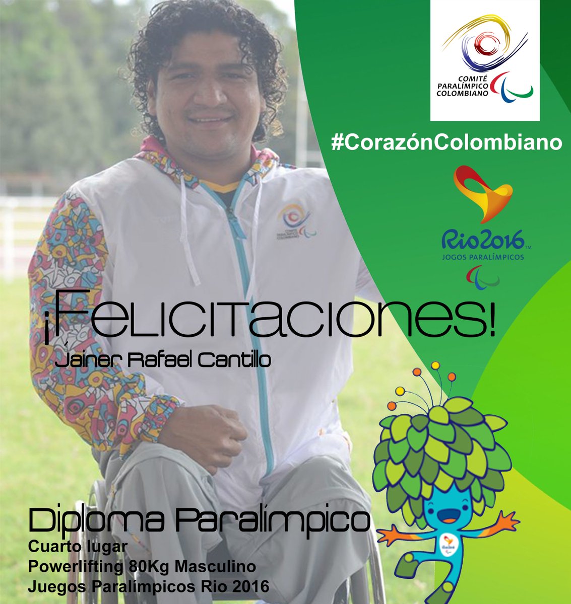 COLParalimpico's tweet photo. ¡Con mucho #CorazónColombiano!, Jainer Cantillo logra Diploma  4to en #Powerlifting 80kg. Gracias por toda tu fuerza https://t.co/oQN1AN3N9p