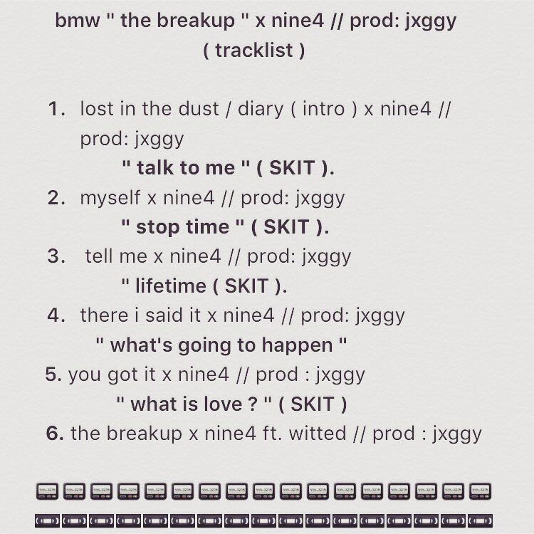 ohsonine4's tweet photo. tacklist.
#bmwtb #boymeetsworld #thebreakup #tb #tracklist #nine4 #199X #xboyz 📼📟✖️. https://t.co/p0u7Bqee0U