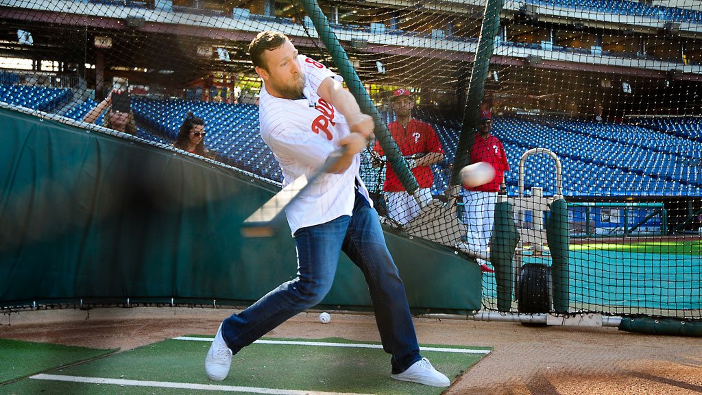 Phillies's tweet photo. YES! YES! YES!

@WWEDanielBryan took some cuts during #Phillies batting practice today. https://t.co/wyBgEig0cR