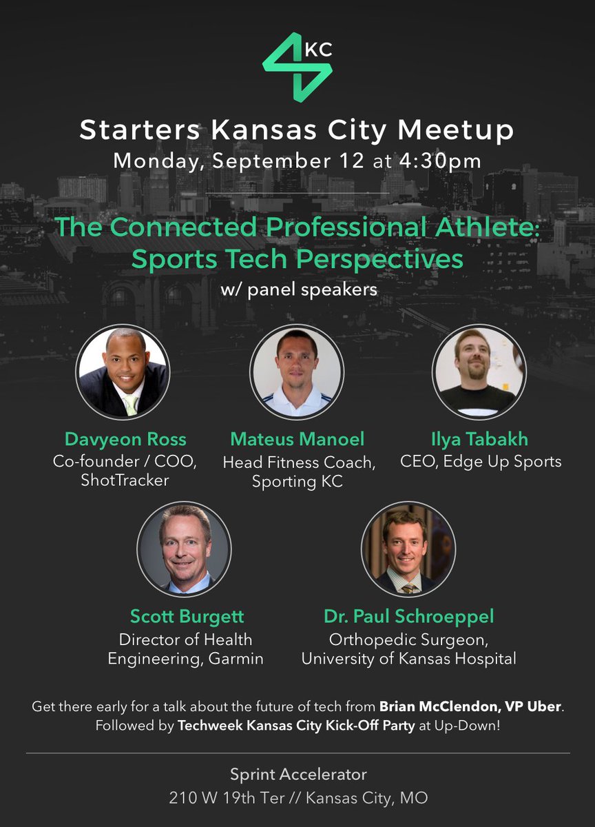 StartersKC's tweet photo. Roster change! #sportstechKC Kicking off @TechweekKC @getshottracker @SportingKC @Garmin @KUSportsMed @StartersHQ https://t.co/2mLhYPNz9Z