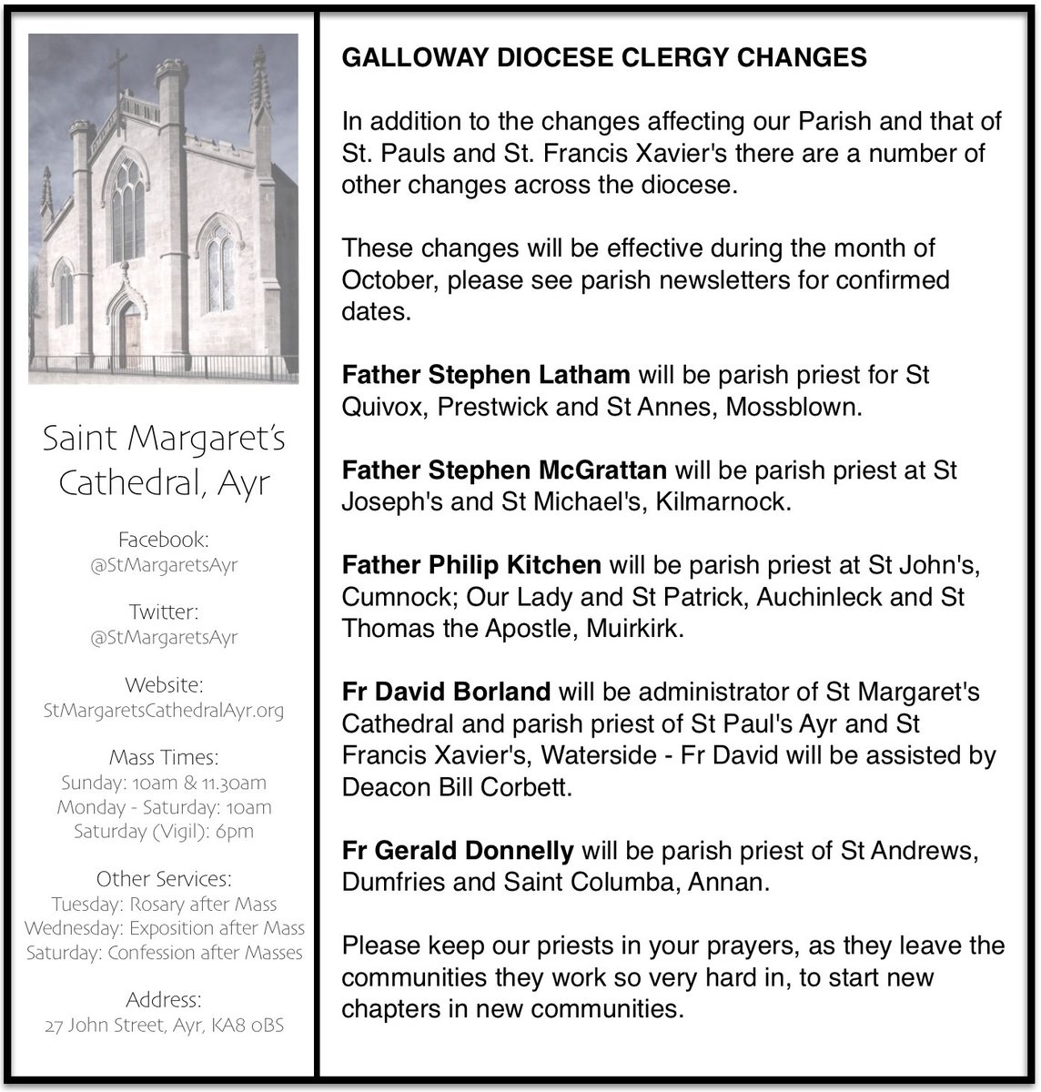 There are a number of Clergy changes in October. Please keep Priests &amp; parish communities in thoughts &amp; prayers.^CC