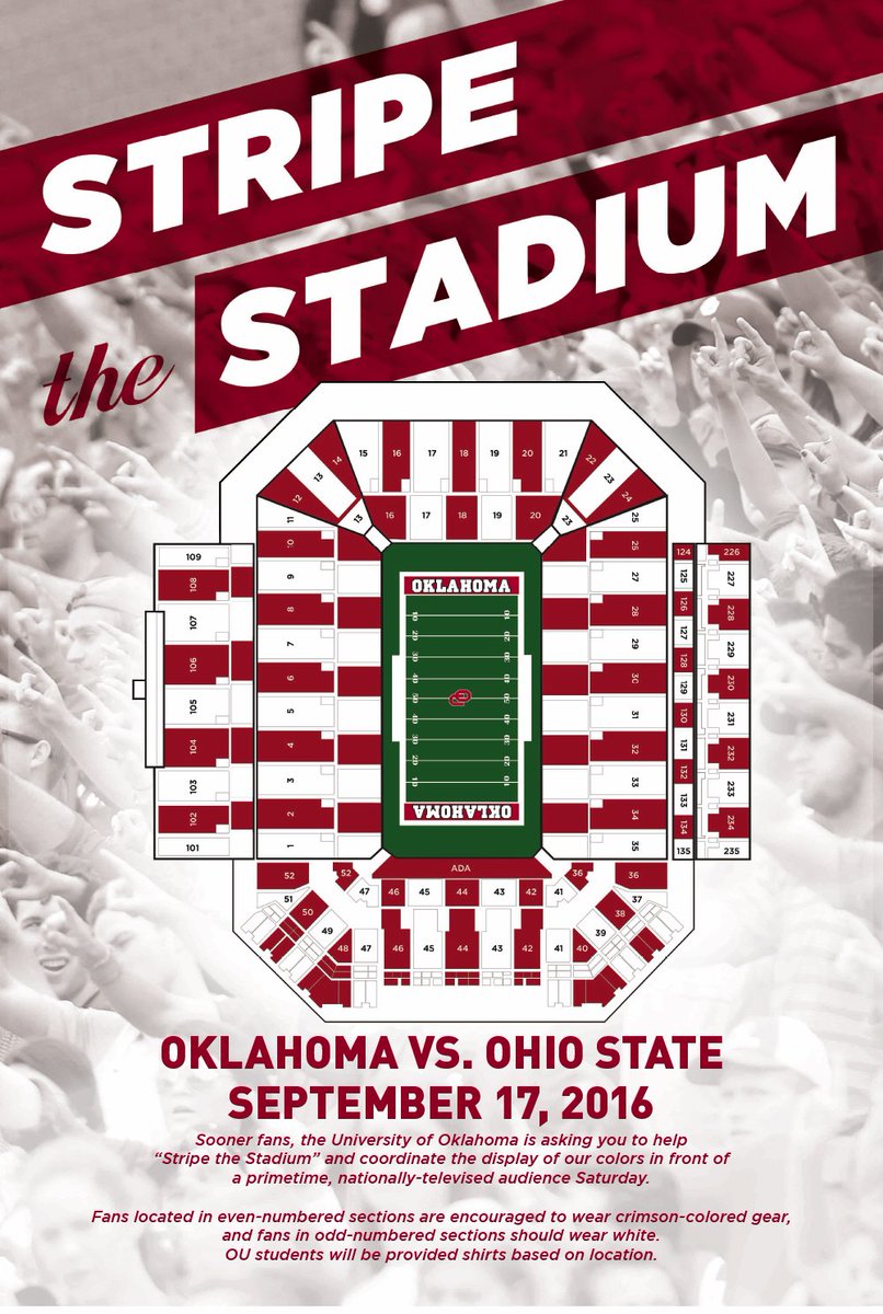 OU_Athletics's tweet image. Stripe the Stadium Saturday vs. Ohio State!

Odd sections = ⚪️
Even sections = 🔴

Student section gets FREE shirts!