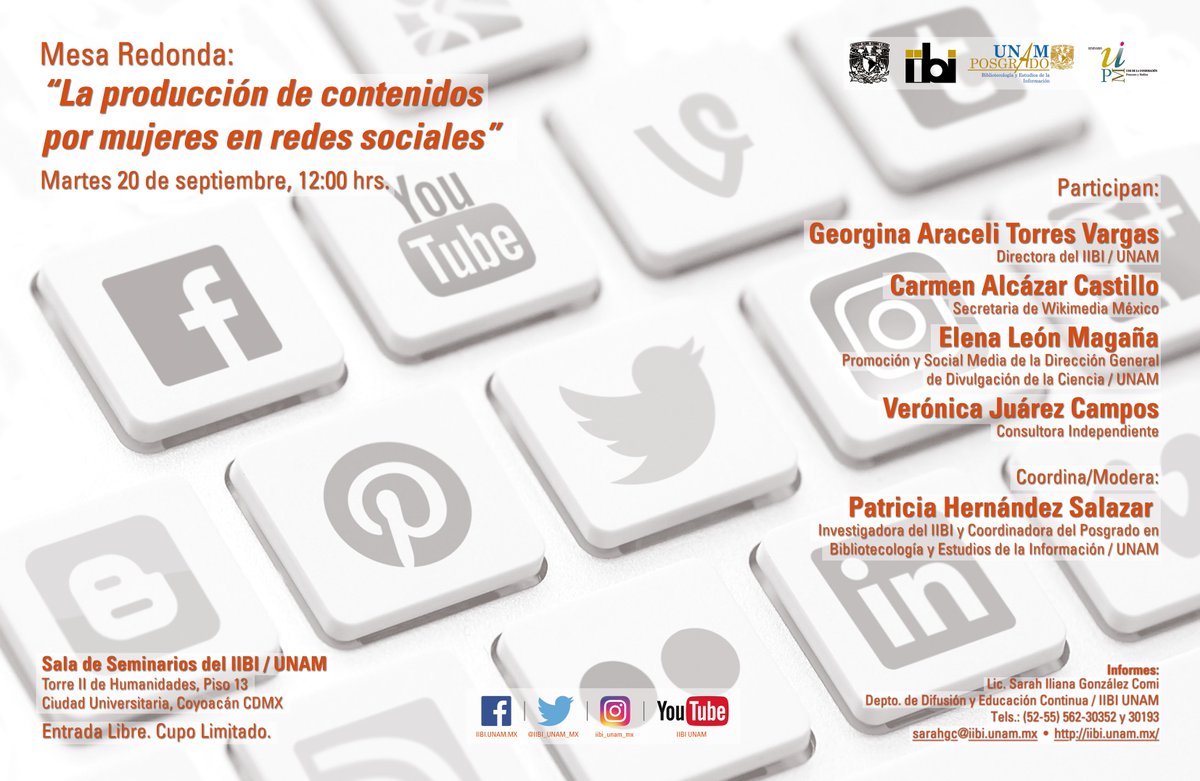 IIBI_UNAM_MX's tweet photo. #MesaRedonda: “La #producción de #contenidos por #mujeres en #redessociales”, 20Sep / 12hrs. #UNAM #Wikimedia https://t.co/GLl2x7b15F