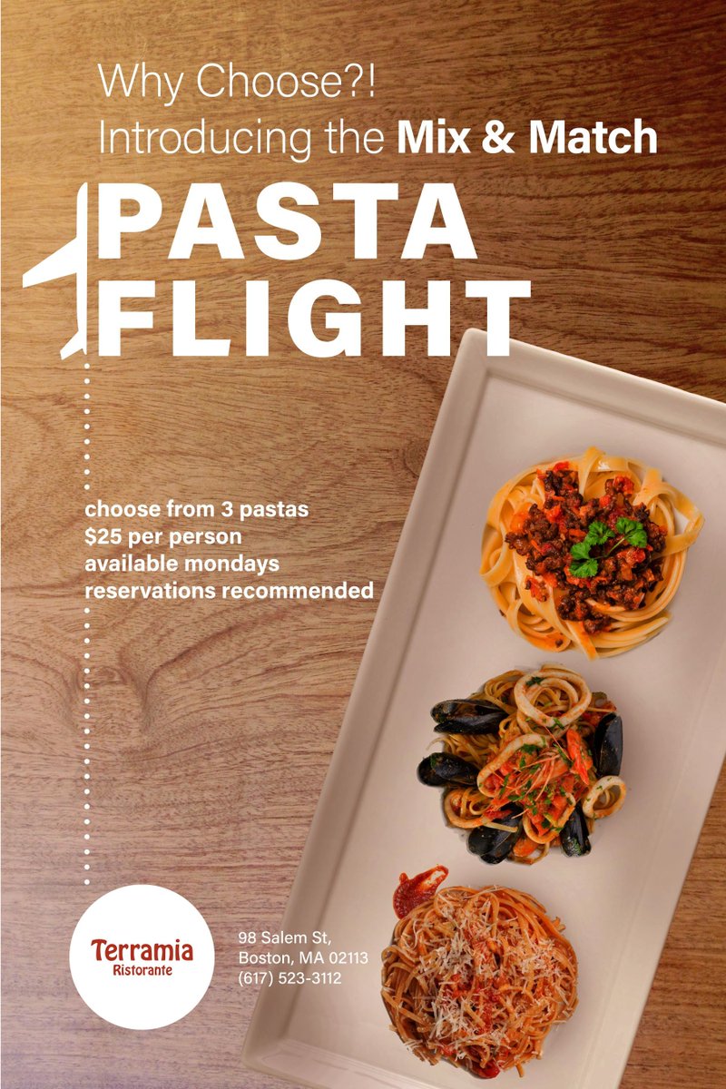 iucboston's tweet photo. Pasta lovers... Never have to choose between a pasta dish again because @terramia93 is bringing you #PastaFlights! https://t.co/upUGnYUius