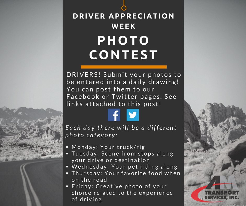 amtransportsvcs's tweet photo. Submit pics to Driver Appreciation PHOTO CONTEST to be entered into daily drawing! Rules/topics below #thanksdrivers https://t.co/coJTZGd3lP