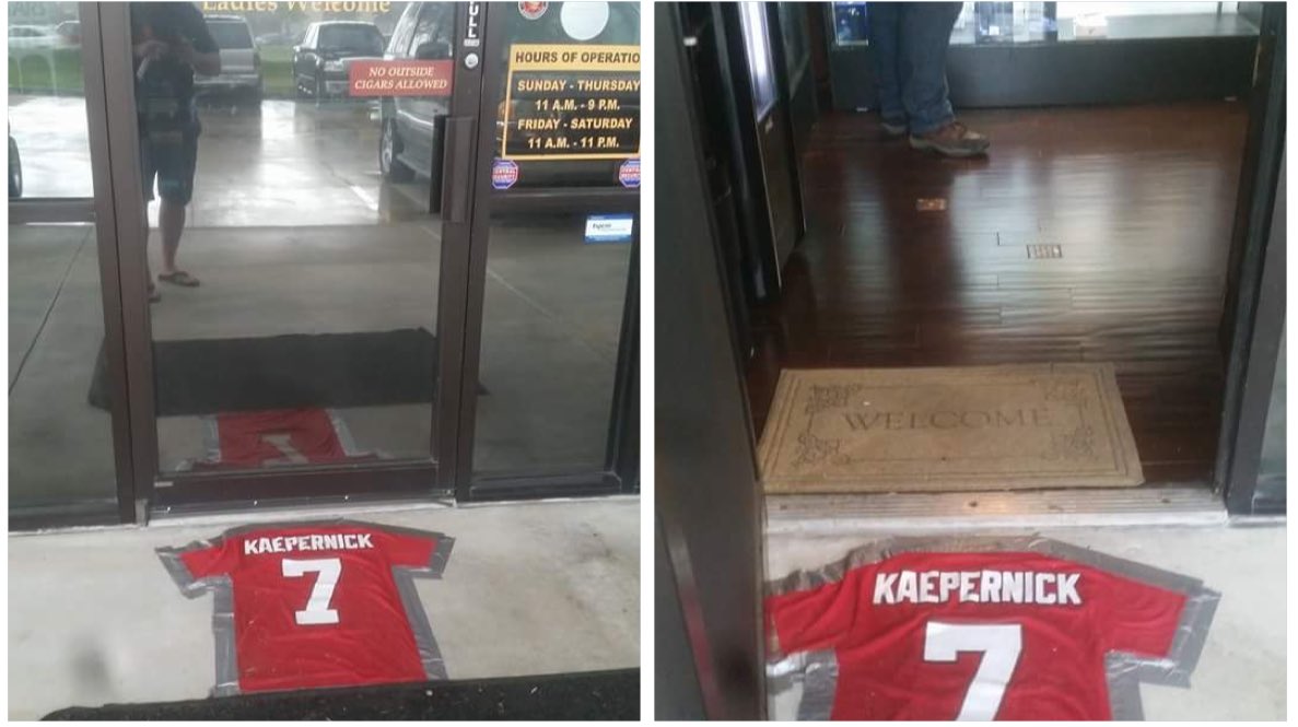 darrenrovell's tweet photo. Cigar store in League City, Texas, @mancavecigar, has Kaepernick's jersey as a doormat (via @USMCTexian) https://t.co/Qqw7q6aTuK