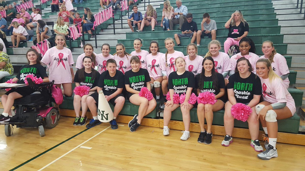 NNWolfPack's tweet photo. Our volleyball team was cheered on by North's first Sparkle Effect team tonight! Great job T-wolves! #uNNity https://t.co/TxSzxSxM7a