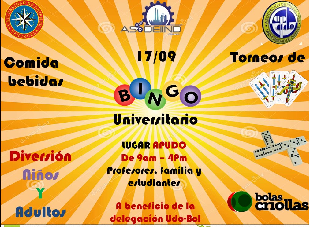 PterJusphB23's tweet photo. @ASODEIIND GRAN BINGO UNIVERSITARIO: Ambiente Familiar y Agradable con recreación (niños) #17SeptEnApudoBolívar #UDO https://t.co/AUVoMinXwa