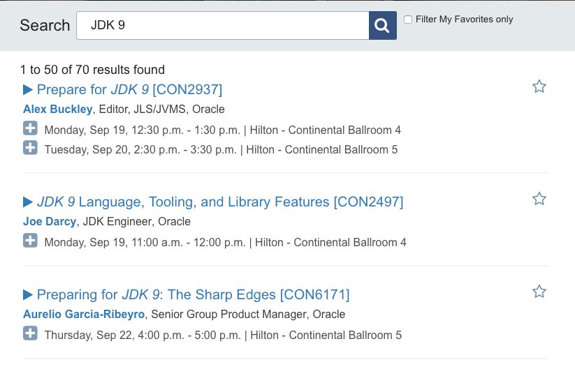 ypoirier's tweet photo. Lots of JDK 9 sessions at #JavaOne next week #Java https://t.co/kXzMLZFPja https://t.co/rmwj4dsqNS