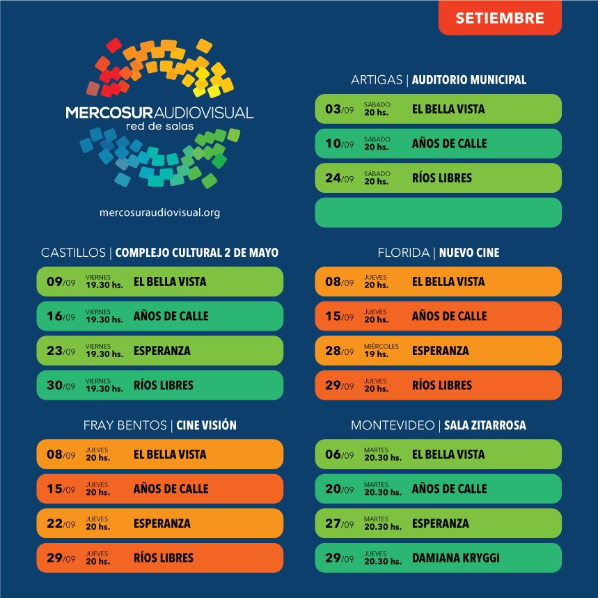 #MercosurAudiovisual Programación para setiembre de Red de Salas Digitales del Mercosur con películas de la región.