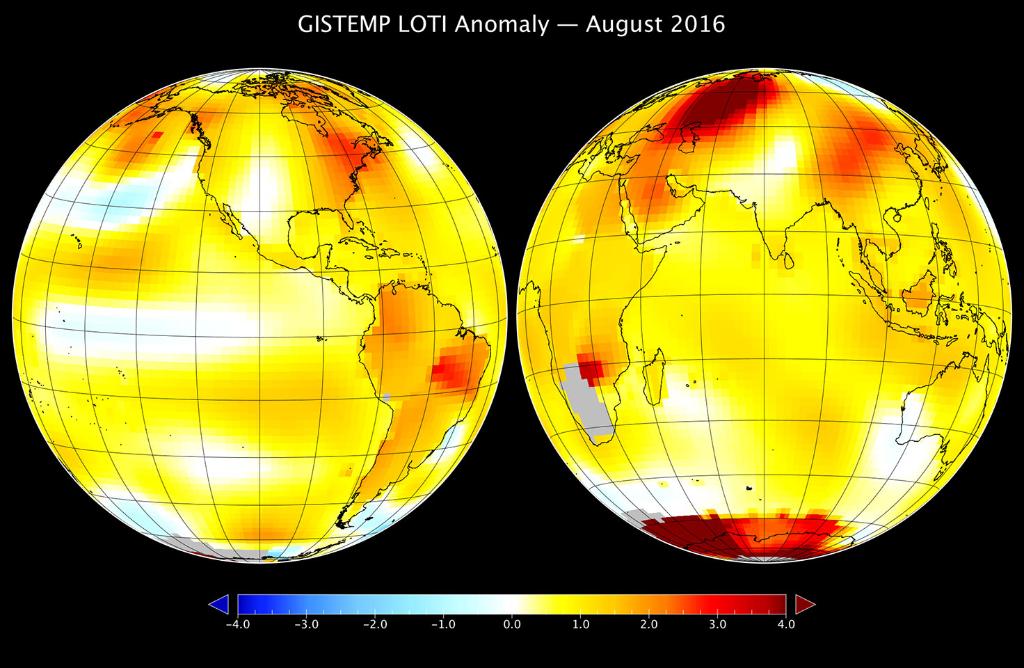 NASA's tweet image. August 2016 was warmest August in 136 years of modern records, say scientists at @NASAGISS: go.nasa.gov/2cUroOS