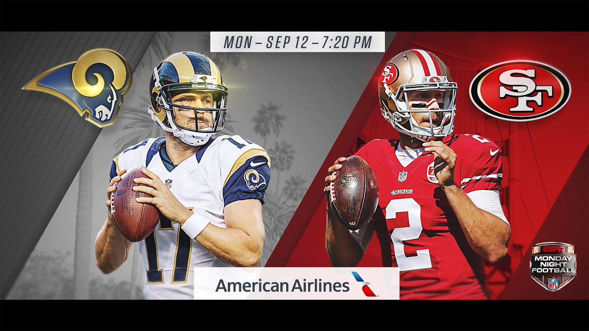 Los Angeles Rams on Twitter: "🏈: Rams at @49ers ⏰: 7:20 p.m. PT 📺: @ESPNMondayNight 📻: @ESPNLosAngeles https://t.co/Hu29A4OelD https://t.co/axPghwTMIH" Twitter