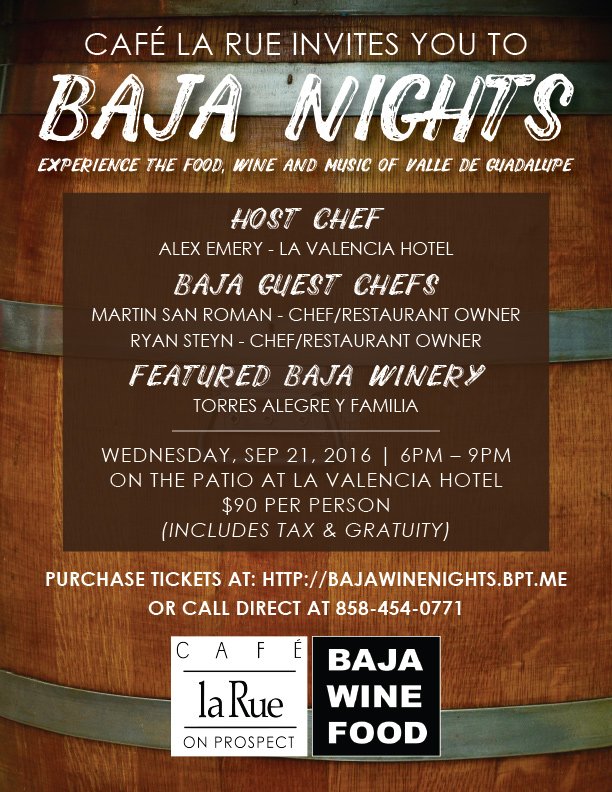 #BajaNights <a href="/LaValenciaHotel/">La Valencia Hotel</a> <a href="/CafeLaRue/">Cafe la Rue</a> w/<a href="/chefmartinsr/">martin san roman</a> <a href="/Steynryan/">ryan steyn</a> <a href="/torresalegre/">Torres Alegre y Fam.</a> Tickets: bajawinenights.bpt.me