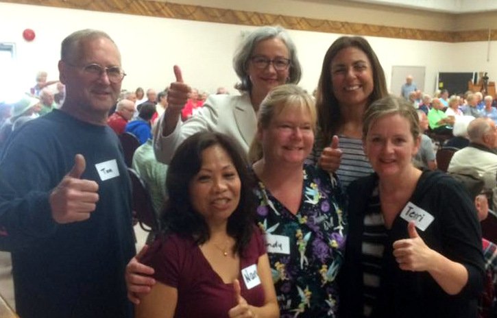 HospEmpUnion's tweet photo. HEU members are standing up for public seniors' care at Sechelt town hall. #privatizationiswrong @VCHhealthcare https://t.co/pTKG7hVXn5