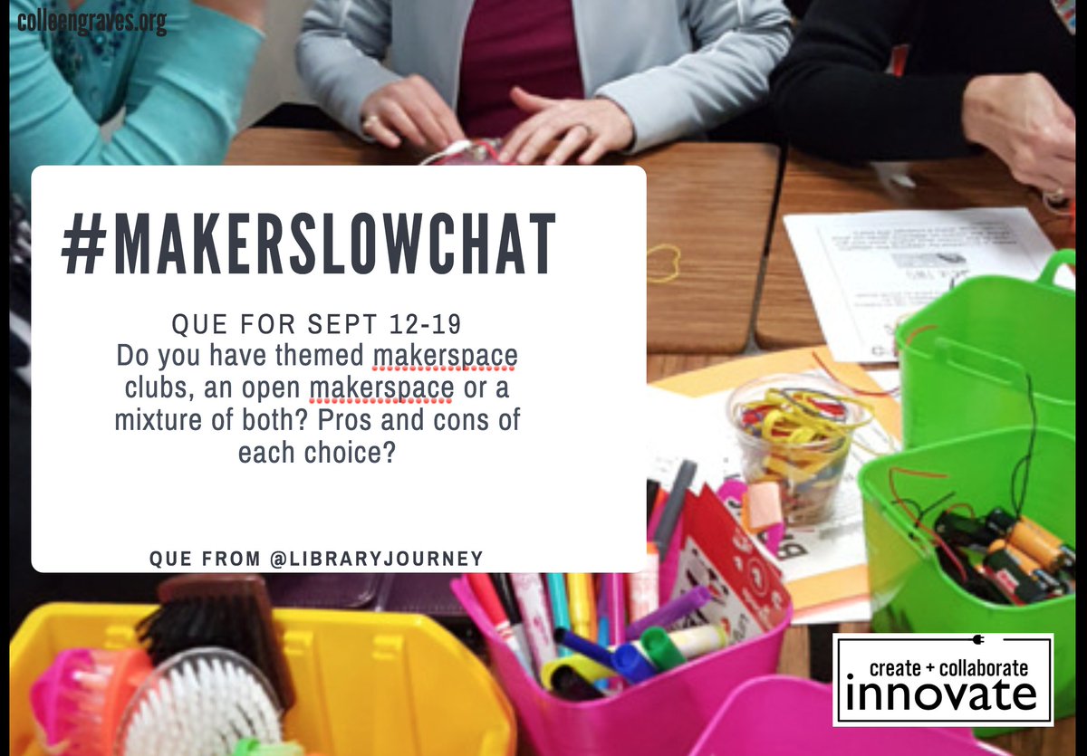 gravescolleen's tweet image. Great que of the week from @LibraryJourney 4 #makerslowchat ! Is yr #makerspace free range? Themed? Workshop-driven?