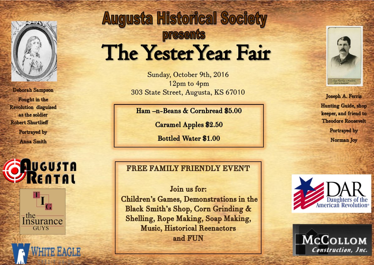 AugustaKSHistor's tweet photo. #AugustaKS #YesterYearFair #History #Free #HamandBeansforSale
Sunday, October 9th, 2016 ~ 12p - 4p
303 State Street https://t.co/xmg4Tm7Qh3
