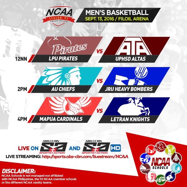NCAASchools's tweet photo. #NCAASeason92 games TODAY (Sept13)
12NN: #LPUvsUPHSD
2PM: #AUvsJRU
4PM: #MITvsCSJL
Live coverage on ABS-CBN S+A CH23 https://t.co/YcIKCVbh3f