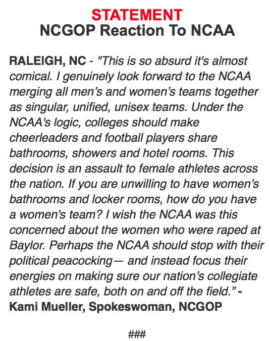 ABC's tweet photo. North Carolina GOP on NCAA decision to move 7 championships: 'so absurd it's almost comical' https://t.co/hpDZbmeVtn https://t.co/hanenSe5dL