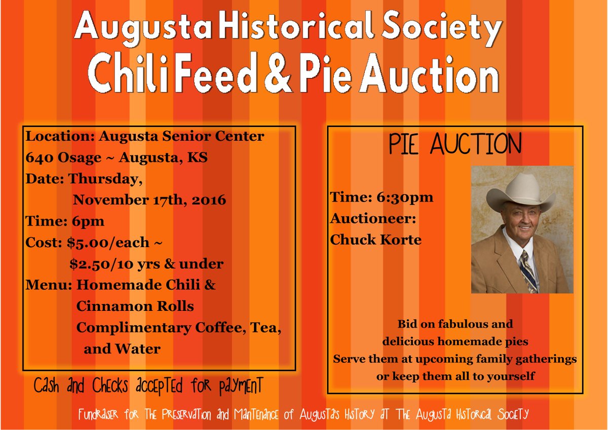AugustaKSHistor's tweet photo. #ChiliandCinnamonRolls #PieAuction #AugustaKS 
November 17th, 2016 at 6pm 
Held at Augusta Senior Center ~ 640 Osage https://t.co/D23ATVRj7d