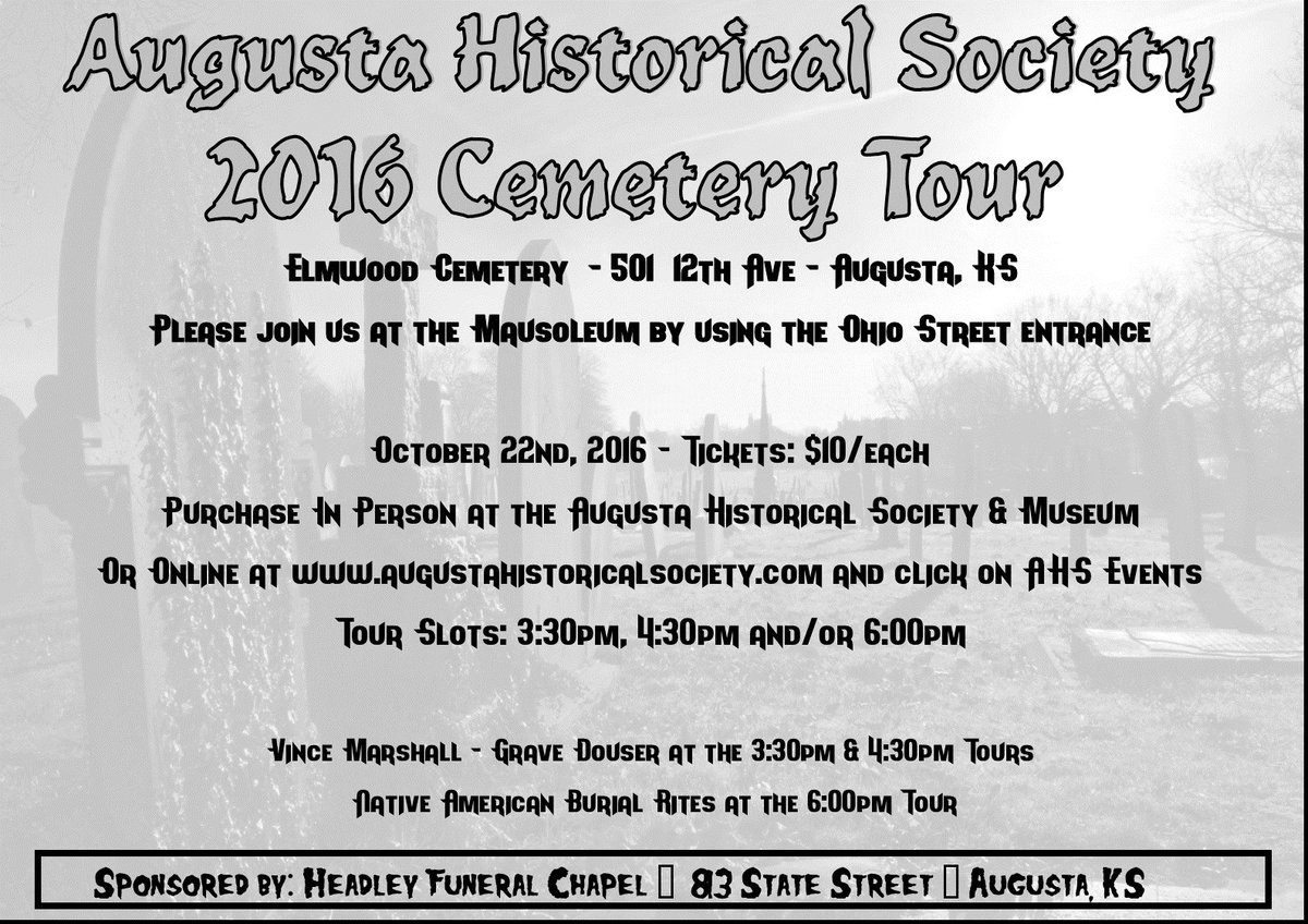 AugustaKSHistor's tweet photo. #AugustaKS #CemeteryTour #GraveDousing #NativeAmericanBurialRites
#PurchaseTickets https://t.co/p05AYTBT6o https://t.co/wzwaNScZdp