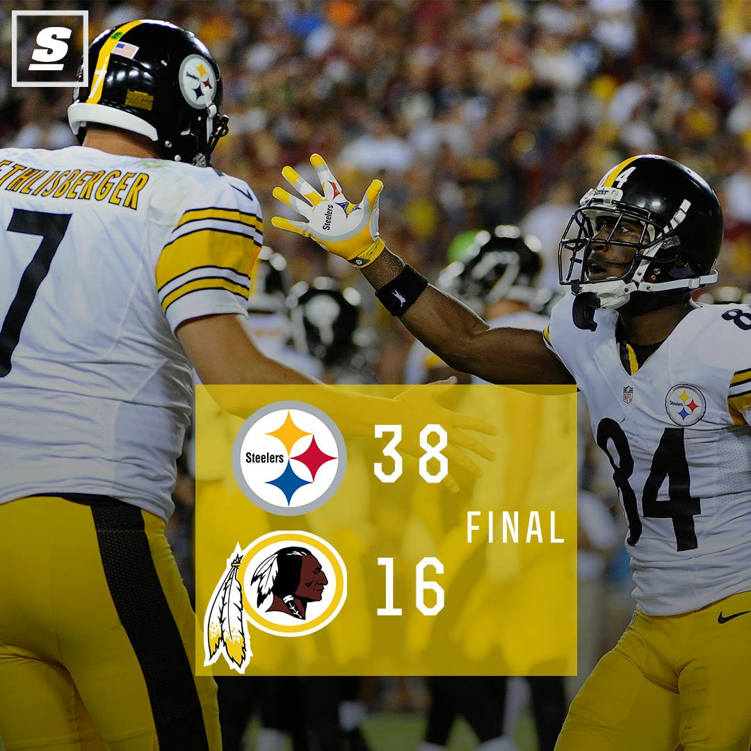 theScore's tweet image. Big Ben and @AntonioBrown84 hook up for 2 TDs as the Steelers take down the Redskins. #HereWeGo