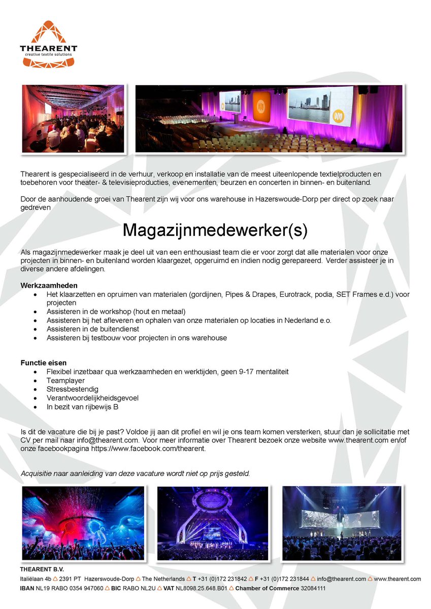 Gezocht: Magazijnmedewerker(s)!
thearent.com/#!jobs/c1bcq 
#evenemententextiel