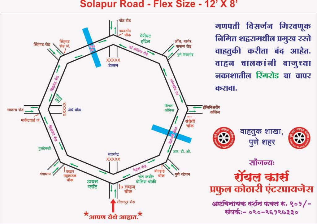 PuneCityPolice's tweet photo. #TrafficAlertPune Ring Road Map of diversions &amp; closed road on #Ganesh Visarjan Day! 2/3 https://t.co/0H4IngNixF