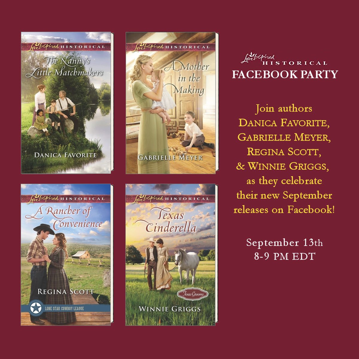 Come party w/ <a href="/danicafavorite/">Danica Favorite</a> <a href="/MeyerGabrielle/">Gabrielle Meyer</a> Regina Scott &amp; <a href="/GriggsWinnie/">Winnie Griggs</a>! <a href="/HarlequinBooks/">Harlequin Books</a> facebook.com/events/1087442…