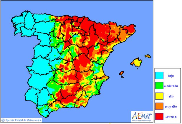 Empieza a bajar el Riesgo de incendio.
Mapa de niveles de riesgo de incendio previstos. Península y Baleares
🔥🔥🔥🔥🔥🔥🔥