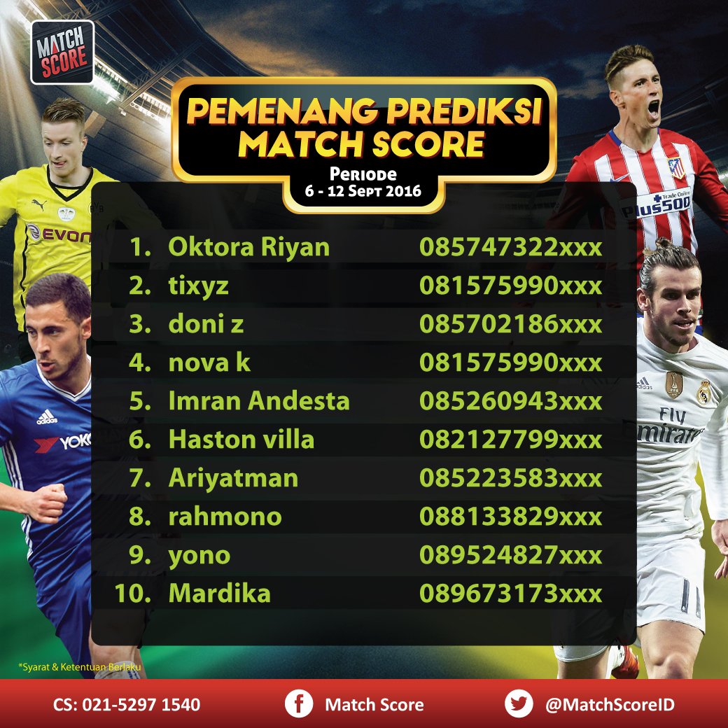 MatchScoreID's tweet photo. Berikut pemenang Tebak Score aplikasi Match Score 6-12 September! https://t.co/wTJOx17bDZ #MatchScoreID https://t.co/xzTooVs9KA