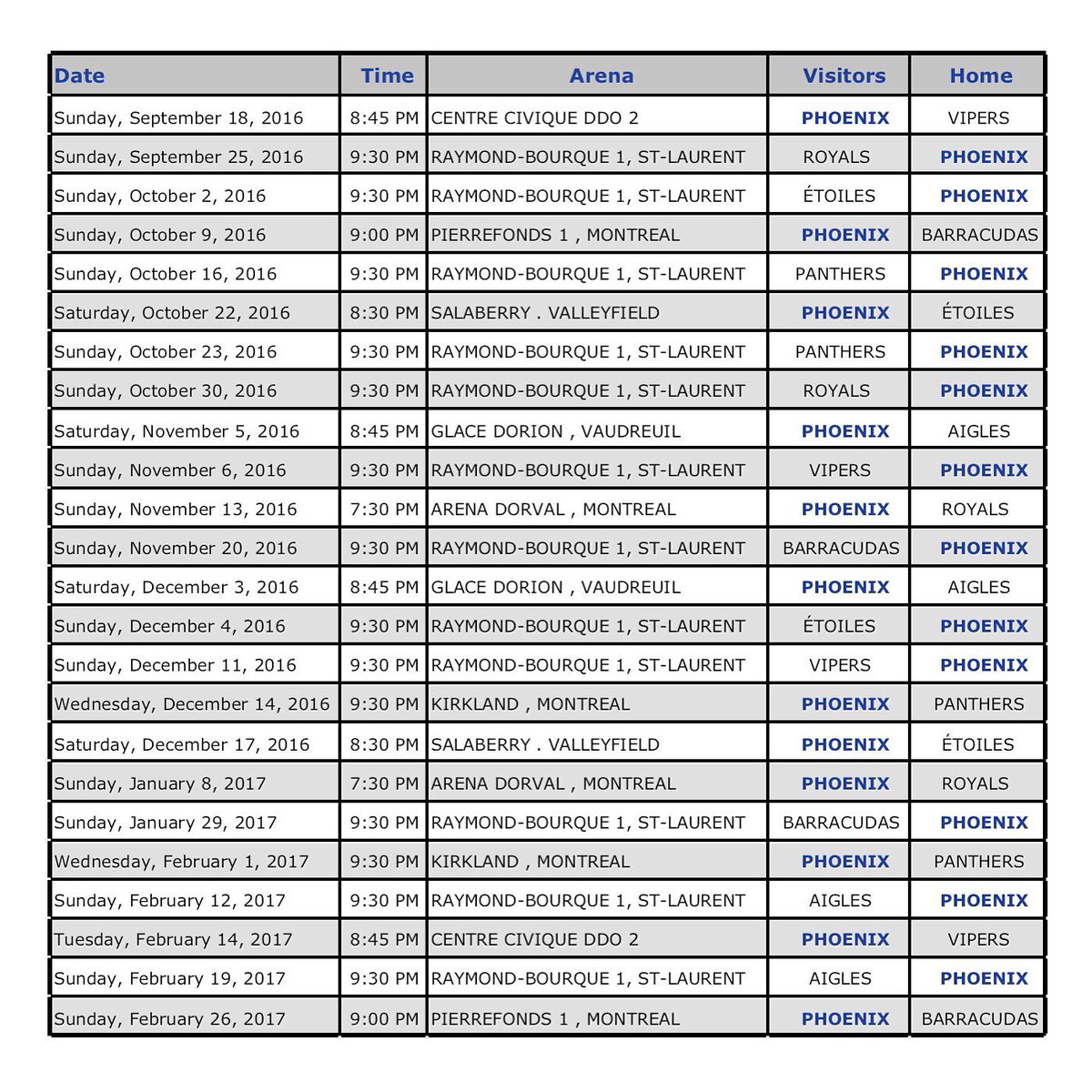 3CitesPhoenix's tweet photo. Phoenix season schedule.
#troiscitesphoenix #outremont #stlaurent #montroyal #junioraa #regularseason #support https://t.co/KfHvowZnjs