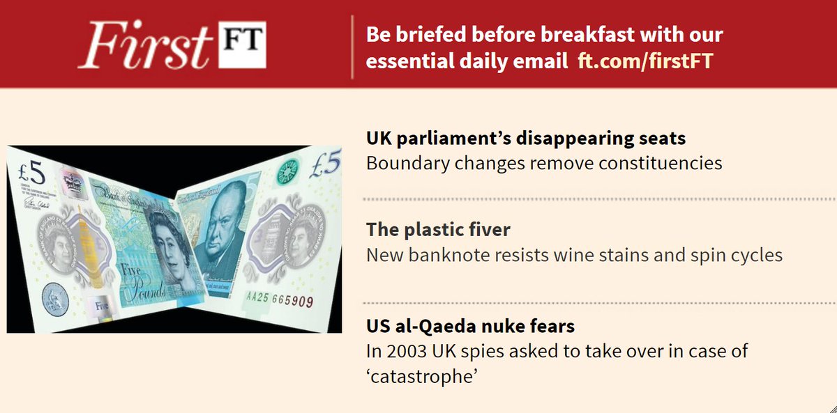 Redpolitics's tweet image. Disappearing seats in the UK parliament, plastic fivers and more: sign up for #FirstFT: on.ft.com/2coiHKS